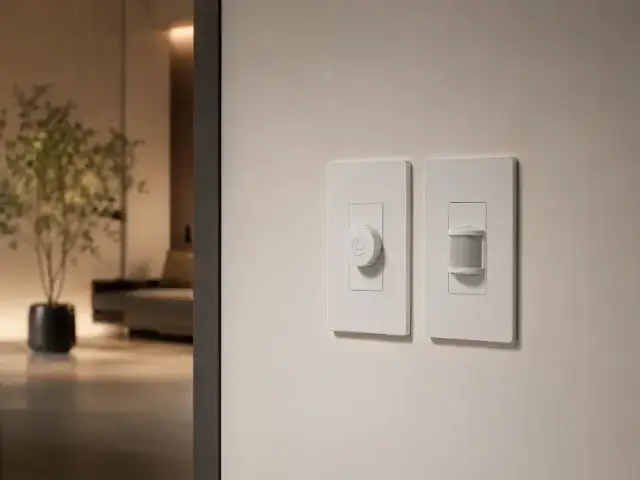 Detalle de dimmer y sensor de movimiento montados en pared minimalista