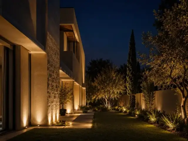 Fachada arquitectónica y jardín iluminados con reflectores LED de noche