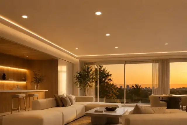 LED Ultradelgado encendido en un techo minimalista, luz cálida
