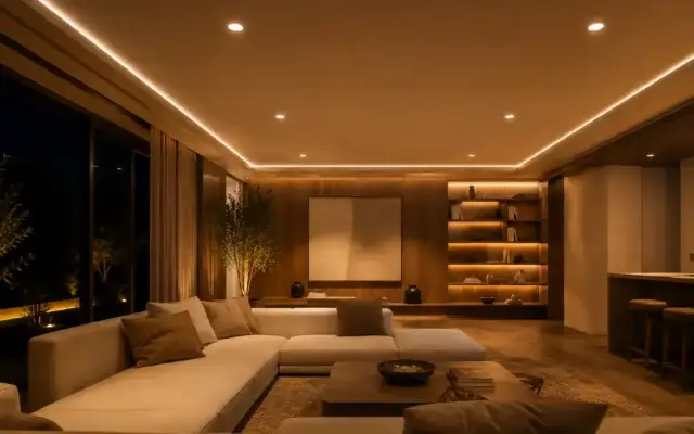 Sala residencial de lujo iluminada con LED ultradelgado, luz cálida al atardecer
